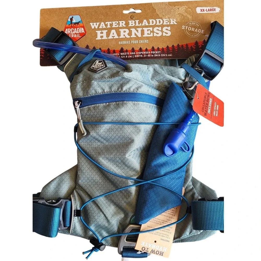 Arcadia Trail Water Bladder Harness XXL Blue Gray Dog Hiking Hydration Pack NWT